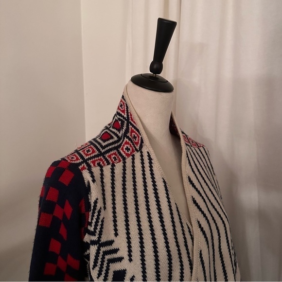 𝅺Double Zero Southwestern Knit Red Navy Blue Open Front Slouchy Chunky Cardigan - Picture 5 of 9